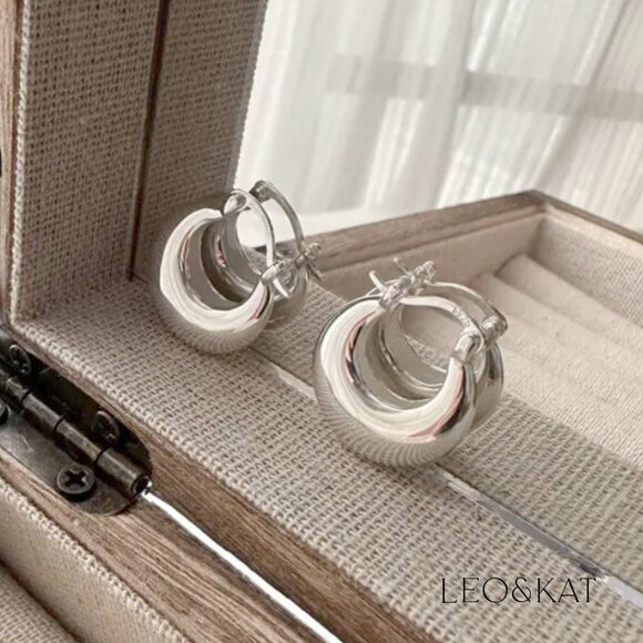 Chunky Bottom Silver Hoop Earrings. 925 Sterling Silver. #1108 - Picture 4 of 4